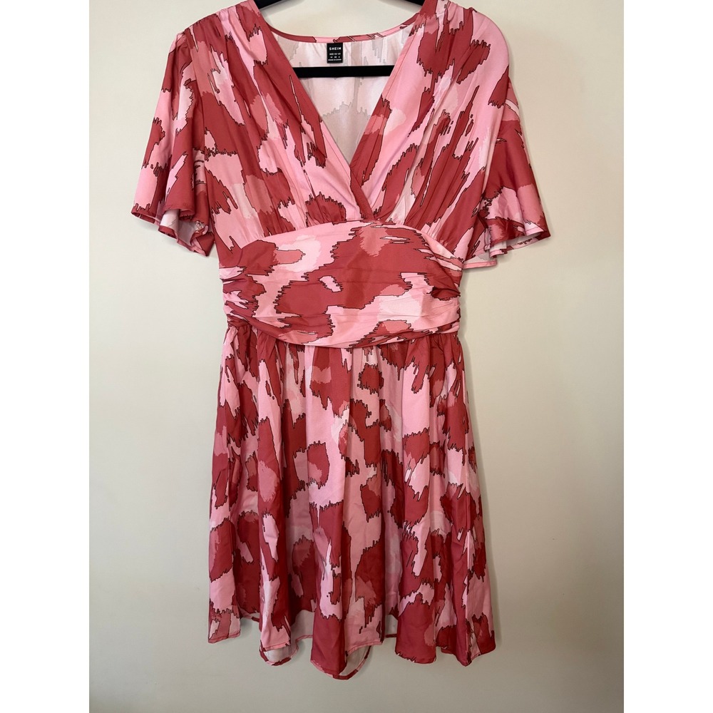 Shein Pink Abstract Print Flutter Sleeve V-Neck Smocked Back Mini Dress Size 6